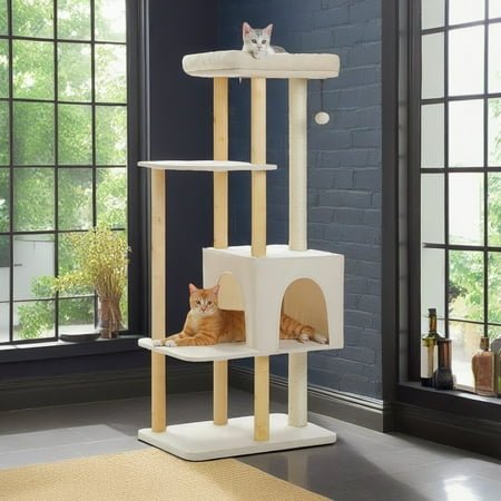 Pefilos 53″ Cat Tree for Indoor Cats, Multi-Level Cat Climbing Tower with Sisal Scratching Posts and Top Perch, Beige