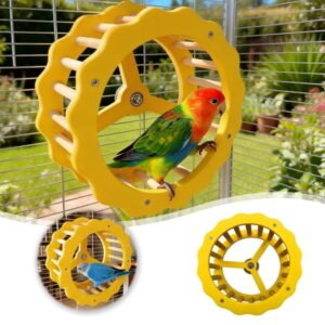 HEWANG Bird Stand Perch Toy, Interactive Spinning Parakeet Toys, Wooden Exercise Wheel Parrot Toy, Intelligence Puzzle Enrichment Toys,Bird Playground Play Stands for Conure Budgie (Yellow1)