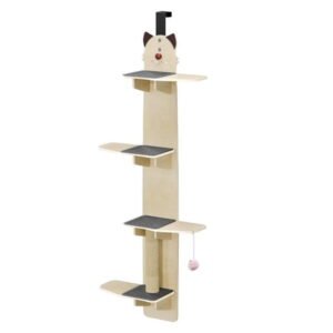 Door Mounted Cat Tree 4 Levels, Hanging Cat Climbing Structure with Platforms, Solid Wood, for Feline Exercise, 17 x 9 x 67 Inch