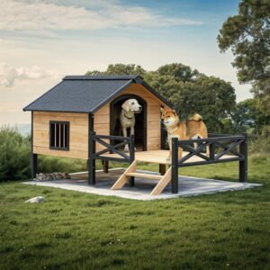 Demi Bonn 66″ Outdoor Dog House for Small and Medium Dogs, Large Wood Dog Kennel with Porch, Cabin House Style Pet Houses for Cats, Beige