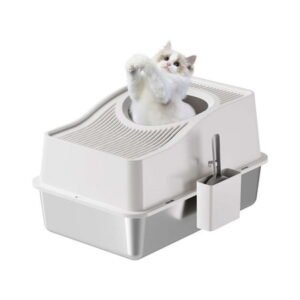 QinaQin Stainless Steel Litter Box with Lid, Closed Design, Comes with Litter Mat and Scoop, Extra-Large High-Sided Litter Box, Easy To Clean, and Removable