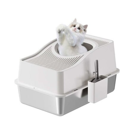 QinaQin Stainless Steel Litter Box with Lid, Closed Design, Comes with Litter Mat and Scoop, Extra-Large High-Sided Litter Box, Easy To Clean, and Removable