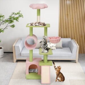 Uforic 65″ Tall Flower Cat Tree Tower, Indoor Cute Cat Climbing Tower with Cat Condo, Basket, Tunnel, Cute Sisal Scratching Posts and Board, Pink & Green