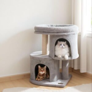 Yardi Yarda 26″ Tower w/Large Padded Perch & Dual Condos, Corner Cat Tree, Cat Climbing Tower, Cat Towers for Indoor Cats-Light Gray