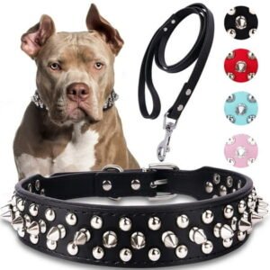LQCrafK Dog Collar with Leash,Durable Rivet PU Leather Dog Collars for Pit Bull, Spiked Studded for Small Medium Large Dog
