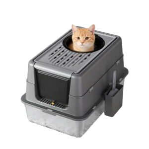 XL Stainless Steel Cat Litter Tray, High Sides Leak-Proof Stainless Steel Litter Box, 385L Large Cat Litter Trays with Litter Scoop, Anti-Slip Bottom, Easy to Clean