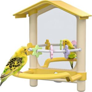 ACDANC 8.1 Inch Pet Bird Mirror with Perch Stand and Parakeet Chew Toys,Parrot Toys Bird Cage Decorative Accessory,Helps Birds Release Stress for Canaries Budgies Lovebirds Conures Cockatiels