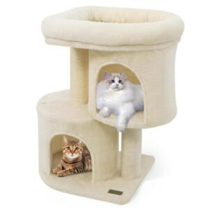Yardi Yarda 26″ Tower w/Large Padded Perch & Dual Condos, Corner Cat Tree, Cat Climbing Tower, Cat Towers for Indoor Cats-Beige