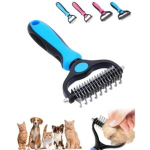 Pet Pro Grooming Tool, Double Teeth Grooming Comb Kit for Dogs, Cat Deshedding Brush, Dog Rake Brush for Shedding, Cats Comb Undercoat Long Hair Knotter Remover (Blue Large)