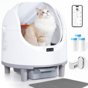 Open-Top Automatic Cat Litter Box Self Cleaning with Liners and Mat Included, White