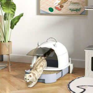 PawHut Cat Litter Box with Lid, Covered Kitty Litter Box with Scoop, Carbon Filter for Odor Control, Privacy, Easy to Clean, Gray