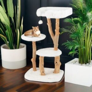 Pefilos 44″ Solid Wood Cat Tree Tower for Indoor, Modern Cat Condo with Scratching Post, Cat Climbing Tree House Furniture, White