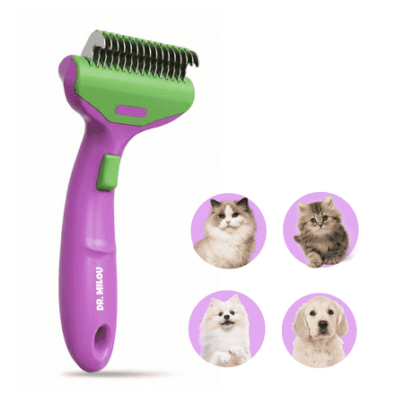 Dr. Milou Self-Cleaning Dematting Rake for Dogs and Cats, Undercoat Rake with One-Click Hair Release for Grooming