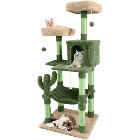 YounGG Cactus Cat Tree for Indoor Cats, Cute 58-Inch Cat Climbing Play Tower with Top Perch for Large Cats Kittens, Multi-Level Cat Activity Tree with Scratching Posts, Hammock, Cat Cave Condo