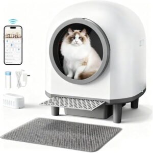 Self Cleaning Litter Box for Multiple Cats, 88L Large Smart Automatic Cat Litter Box with App Control, Health Monitoring, Integrated Safety Sensors, Odor Removal, Mat, Liners (White)