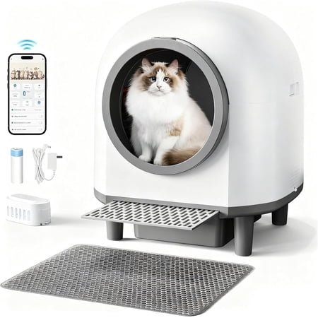 Self Cleaning Litter Box for Multiple Cats, 88L Large Smart Automatic Cat Litter Box with App Control, Health Monitoring, Integrated Safety Sensors, Odor Removal, Mat, Liners (White)