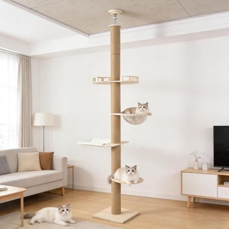 Solid Real Wood Floor to Ceiling Cat Tree, 4 Level Adjustable Height (102″-104″), Modern Climbing Tower with Thickened Wooden Sisal Scratching Posts & Cozy Bed for Indoor Cats Large Adult