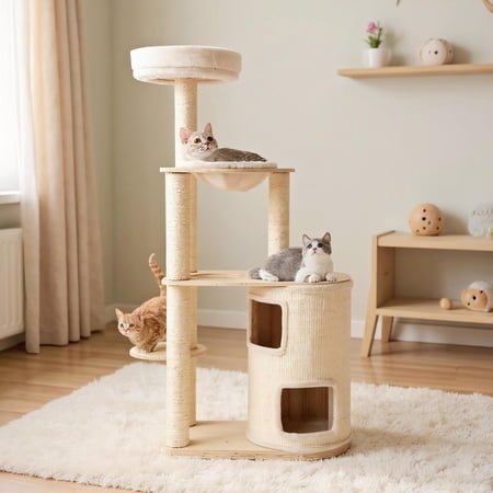 Choco Moon 60″ Tall Cat Tree w/2-Story Condo & Sisal Posts, Cat Climbing Tower, Corner Cat Tree, Cat Condos for Indoor Cats-Natural