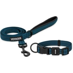 Voyager Reflective Leash Collar Set with Neoprene Handle, 5ft Long, Supports Small, Medium, and Large Breed Puppies, Cute and Heavy Duty for Walking, Running, and Training – Blue, S