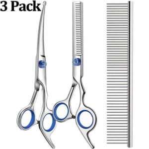 Professional 3 in 1 Dog Grooming Scissors Kit with Safety Round Tips,Sharp & Durable,Dog Shears for Grooming – Includes Straight, Curved, Thinning Scissors and Comb – Premium Pet Supplies