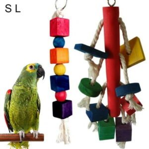 SPRING PARK Wooden Knots Block Parrot Toys with Bells, Bird Chewing Cotton Rope Toy for Medium and Large Parrots,Cockatoo,African Grey,Macaws