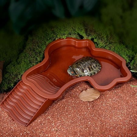 Large Reptile Bathing Pool, Tortoise Food Water Bowls with Ramp, Reptile Feeding Dish Water Bowl Bathing Pool Aquarium Ornament