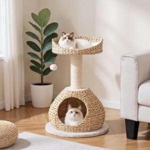 Choco Moon 28″ Hand-Made Cat Tree Tower w/Jump Platform, Cat Climbing Tower, Corner Cat Tree, Cat Condos for Indoor Cats-White
