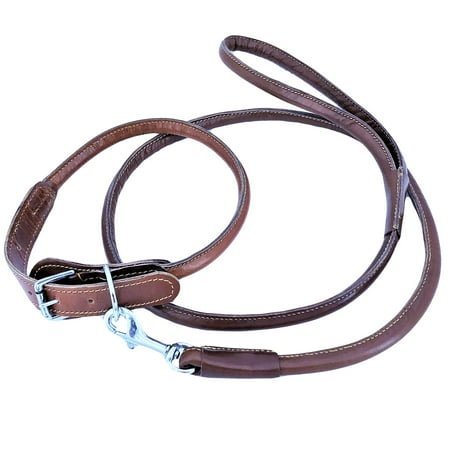Genuine Leather Round Circle Rolled Dog Collar with Leash 4ft for Medium Large Pet sz M: Neck 12″ – 16″