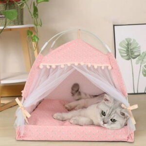 Gmogad Foldable Dog Kennel – Summer Semi-Enclosed Pet Tent with Cooler Mat, Portable Indoor/Outdoor House for Cats & Small Dogs | 35x35cm Pink Cloth Design
