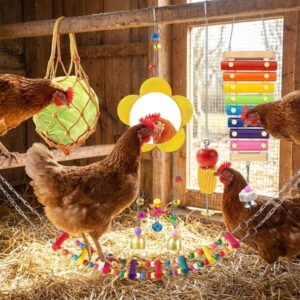 syligr Foraging Toy Set for Chickens and Pet Birds with Net Ladder Mirror Fruit Skewer Wooden Xylophone Multi-Function Cage Accessories for Boredom Relief and Mental Stimulation