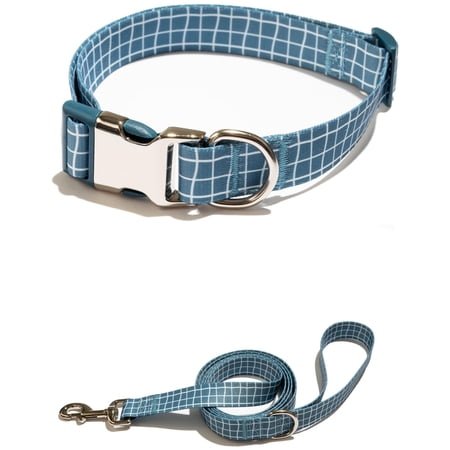 Vibrant Life Plaid Print Fashion Dog Collar with Metal Buckle and 6ft leash, Blue, Large