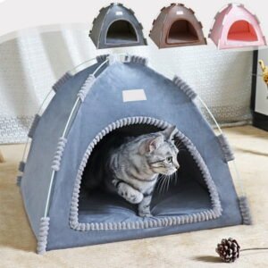 CuiLiyq Cat Tent, Kitten Tent Thickened Nest Bed, Warm Portable Pet Cats Tents House for Little Dog, Folding House with Soft Mat for Small Animals Winter Indoor and Outdoor (Gray)