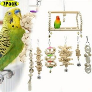 7-Pack Bird Cage Toy Set, Natural Wood Parrot Swing & Chewing Toys for Small Birds, Cockatiels, Parakeets, Conures and Finches