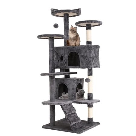54in Cat Tree With Scching Post, Large Cat Climbing Tower For Indoor Cats, Multi Level Kitty Condo With Plush Perches And Sisal Rope Posts, Sturdy Wood Playhouse For Kittens And Adult Cats, Grey