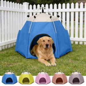 Hexagon Pet Tent for Cats & Small Dogs Waterproof Outdoor Camping Portable Folding Pet House, Tear-Resistant Travel Shelter, Lightweight Bed, Mesh Ventilation, 23.6″x18.8″x18.8″, Blue Brown Gray