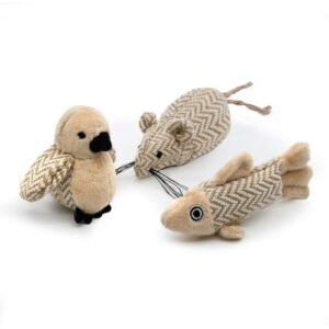 Onmygogo Interactive Catch Play Mouse Toy for Cat, Natural Ramie Linen Rat Bird Fish Toys(set of 3-mouse,bird,fish)