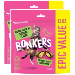 Bonkers Crunchy and Soft Cat Treats Catnip, Chick N’ Cheddar Flavor 12oz Epic 2 Pack