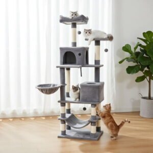 Choco Moon 66″ Tall Cat Tree w/2 Condos & Sisal Posts, Cat Climbing Tower, Corner Cat Tree, Cat Condos for Indoor Cats-Light Gray