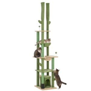 Floor to Ceiling Cat Tree,89″-100″ Adjustable Height Cactus Cat Climbing Tower for Indoor Cats,Ideal for Small Indoor Spaces,with Grooming Brush Post,Cat Condo, Hammock,Sisal Scching Posts,Green