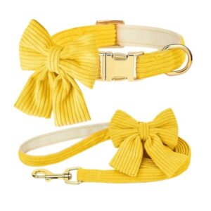 Dog Collar and Leash Set for Large Medium Small Dog Comfy Corduroy Dog Bowtie Collar with Leash Buckle Adjustable Pet Puppy Necklace for Daily Walks Party Wedding