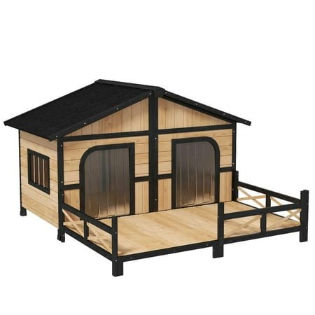 Topcobe Dog House Outdoor, Wooden Dog Kennel Weatherproof with Porch, Double Room, Openable Roof, Removable Bottom, Elevated Floor, Outdoor Wooden Pet Shelter, Natural