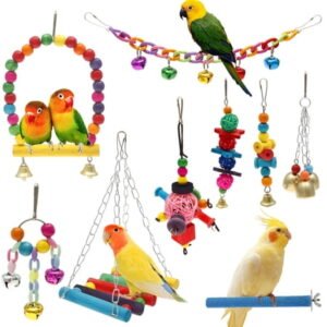 9 Pcs Bird Toys Parakeet Toys – Natural Wood Bird Cage Accessories with Hanging Bridge Swing, Colorful Parrot Chew Toys for Budgie, Conure, Cockatiel, Lovebird