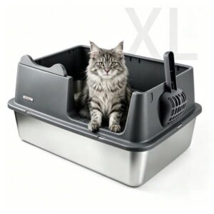 Aebveicc XL High-Sided Stainless Steel Open Top Cat Litter Box with Scoop, Extra Large Litter Box for Big Cats, Gray