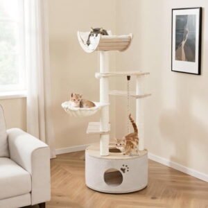 Yardi Yarda 55.5″ Wooden Cat Tree w/Washable Plush Cushions, Corner Cat Tree, Cat Climbing Tower, Cat Towers for Indoor Cats