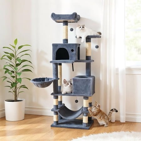 Yardi Yarda 66″ Tall Cat Tree Tower w/2 Condos & Sisal Posts, Corner Cat Tree, Cat Climbing Tower, Cat Towers for Indoor Cats-Dark Gray