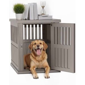 Indoor Outdoor Dog Kennel with Elevated Floor – Weather Resistant Plastic Dog House for Small Dogs, Brown – 29.7″ L x 21.3″ W x 25.3″ H