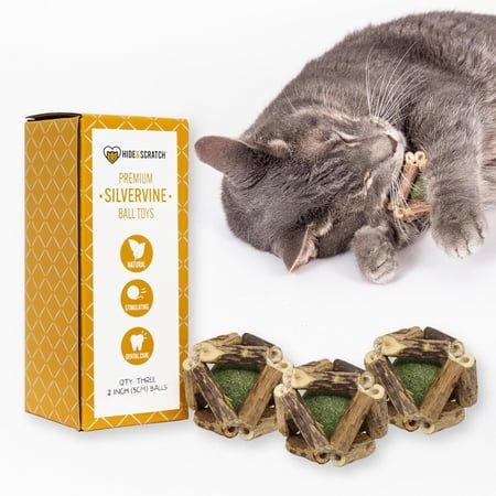 Hide & Scratch 3 Pack of Premium Silvervine and Catnip Rattle Ball Toys – All Natural, Hand-Woven Cat Chew Toys for Indoor Cats to Stimulate Play and Promote Dental Health