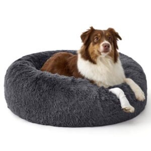 U By Bedsure SupportMax™ Calming Dog Bed 36″ Donut Washable Pet Bed for Large Dogs, Anti-Slip Removable Cover, Plush Faux Fur, Up to 80 lbs