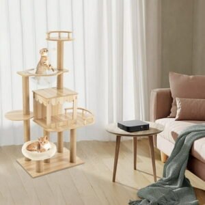 Miumaeov 60″ Tall Modern Cat Tree Wooden Kitty Climbing Tower Condo Cat House with Scratching Post for Large Indoor Cats Load 33.1lbs