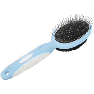 Blue Double-Sided Pet Grooming Brush for Dogs and Cats, Metal Pin and Nylon Bristle Comb with Cushioned Base, Removes Loose Hair and Tangles, 9.4 in